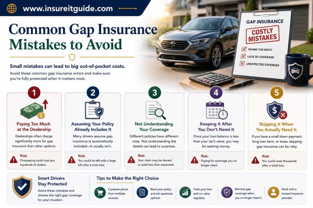 Financial warning infographic showing common mistakes drivers make with gap insurance coverage and financed vehicle protection.