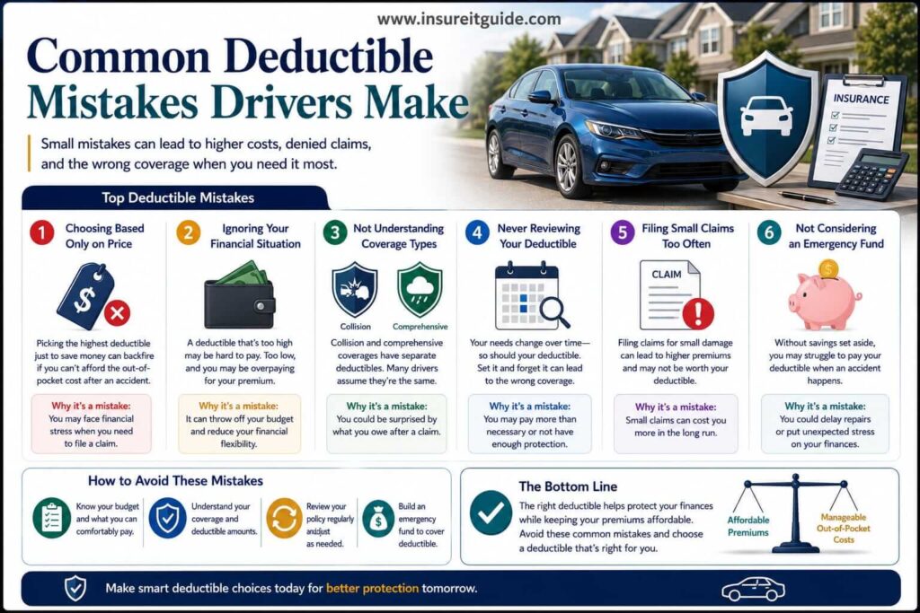 Professional infographic highlighting common insurance deductible mistakes, including choosing unaffordable deductibles, misunderstanding claim costs, and filing unnecessary claims.