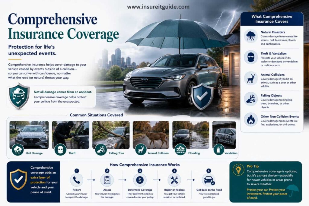 Comprehensive insurance infographic showing theft protection, hail damage, vandalism coverage, fire claims, and non-collision accident scenarios.