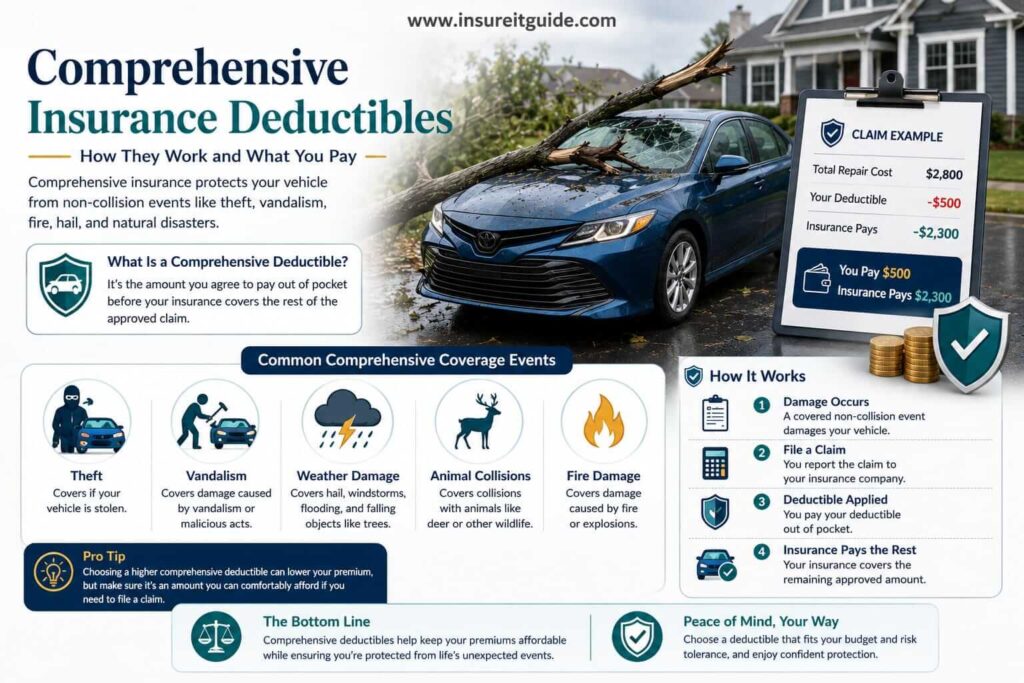 Educational infographic explaining comprehensive insurance deductibles for theft, vandalism, hail damage, falling objects, and other non-collision vehicle claims.