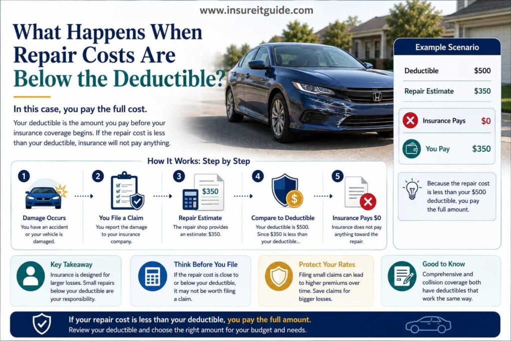 Insurance infographic showing what happens when vehicle repair costs are lower than the deductible amount and why insurers may not issue payouts.