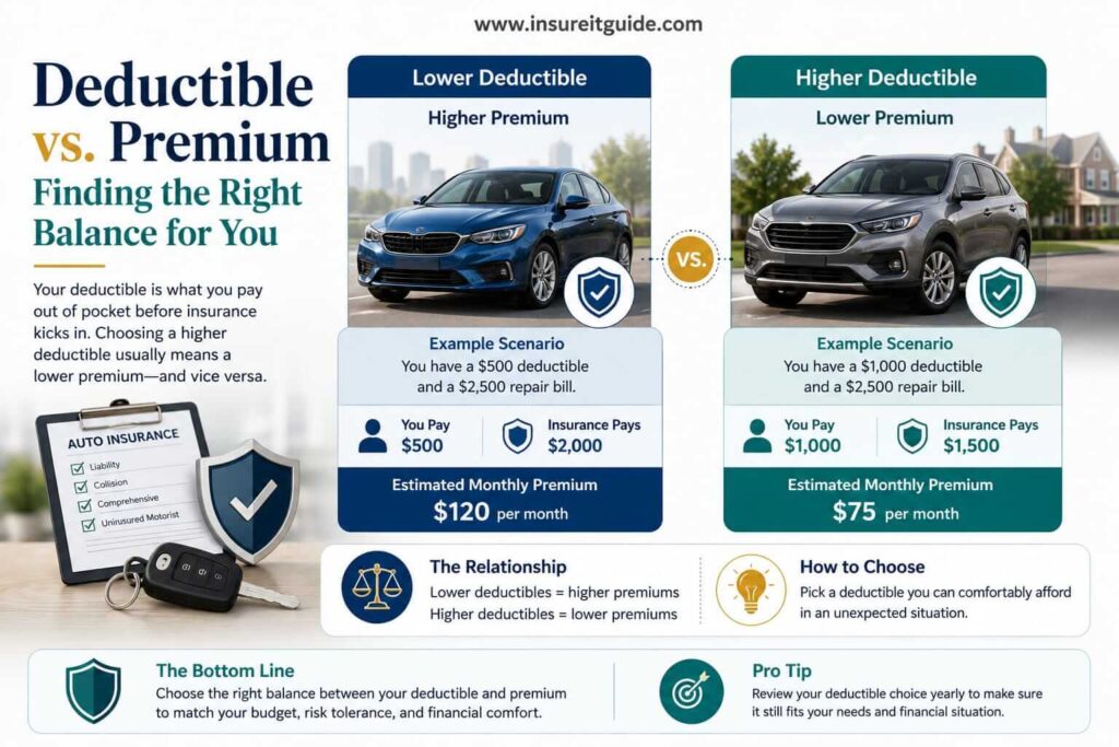 Comparison infographic showing how higher deductibles can lower monthly insurance premiums while increasing out-of-pocket financial responsibility after claims.