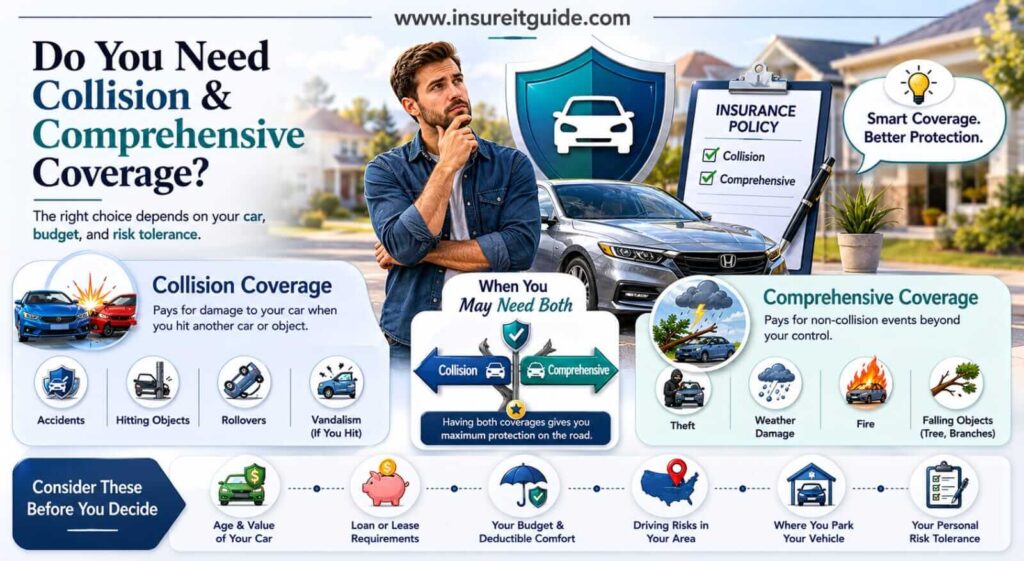 Educational infographic helping drivers decide whether collision and comprehensive insurance coverage are worth it based on vehicle value and financial risk.