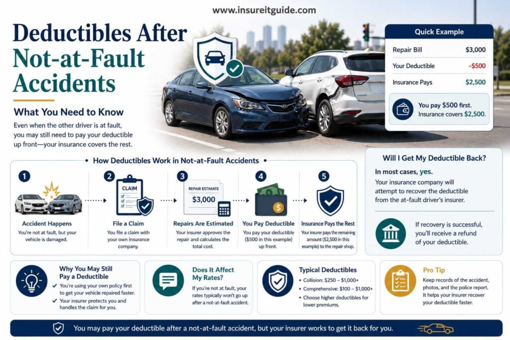 Educational infographic explaining how insurance deductibles work after not-at-fault accidents and when drivers may receive deductible reimbursement.