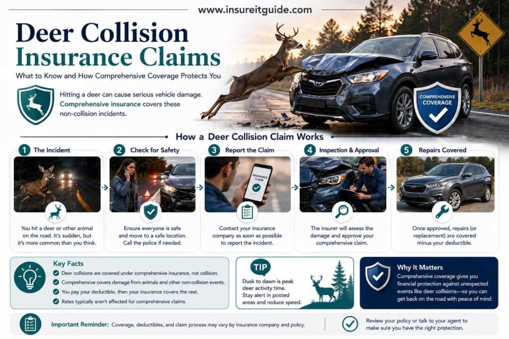Auto insurance infographic explaining whether hitting a deer is covered by collision insurance or comprehensive insurance under U.S. auto insurance policies.