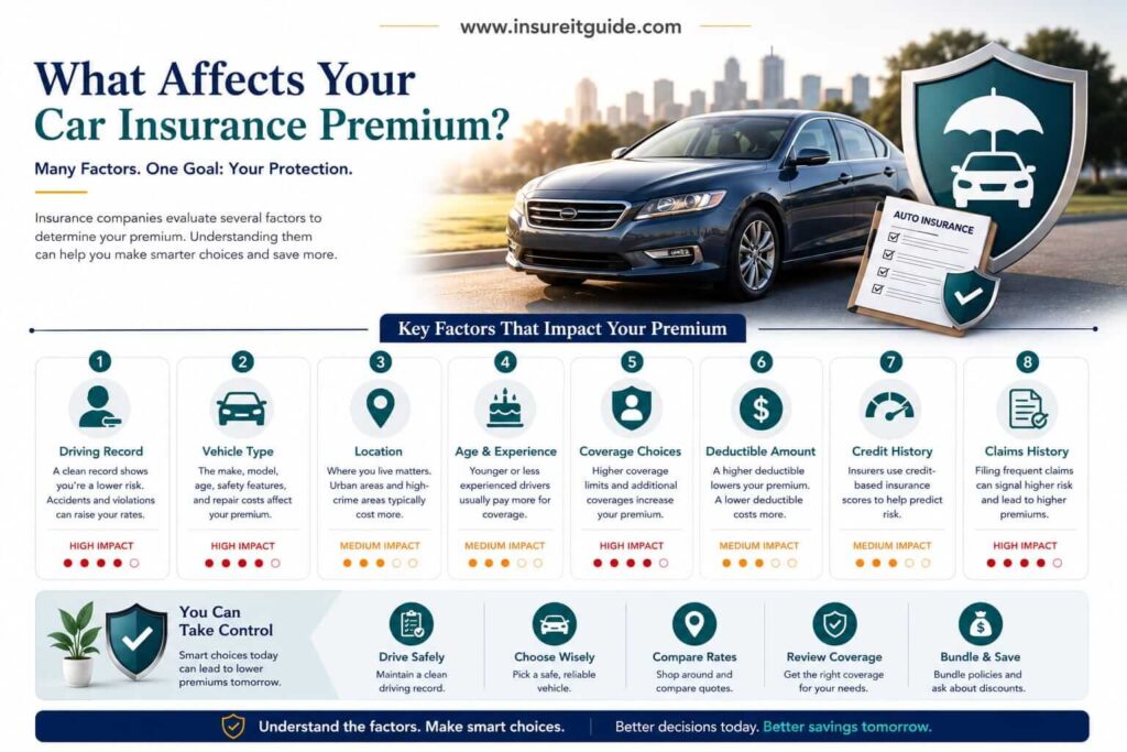 Visual explanation of how car insurance premiums are calculated using driving history, vehicle type, and risk factors.