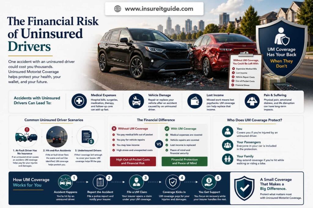 Large hospital invoices and vehicle repair estimates spread across a desk after an accident involving an uninsured driver.