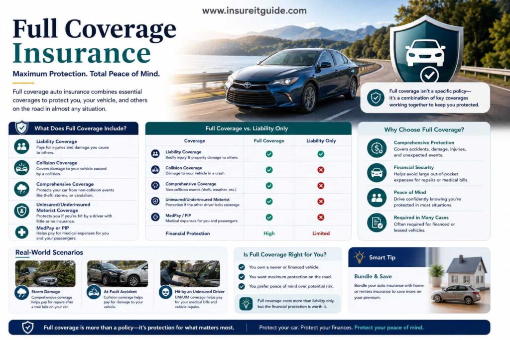 Full coverage auto insurance infographic showing liability insurance, collision protection, comprehensive coverage, and multiple vehicle protection scenarios.