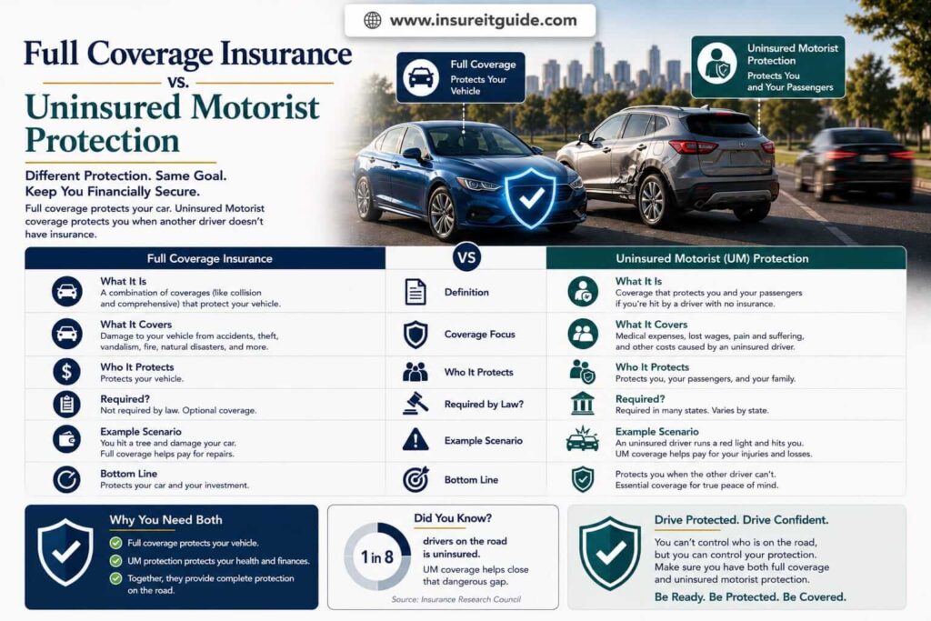 Policy comparison graphic showing coverage gaps between standard full coverage insurance and uninsured motorist protection.