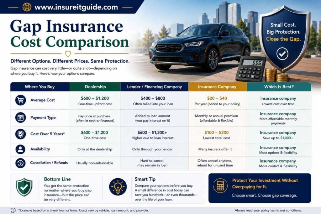 Comparison chart showing different gap insurance pricing options from dealerships, lenders, and auto insurance companies.