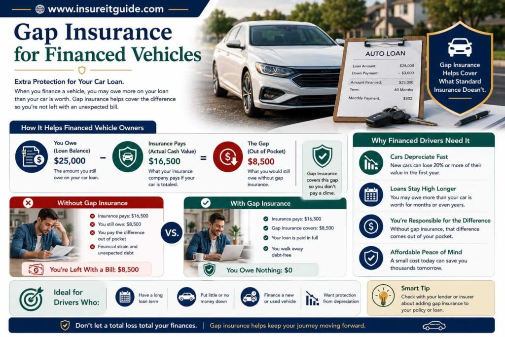 Financed vehicle loan balance comparison showing why gap insurance may protect drivers with low down payments.