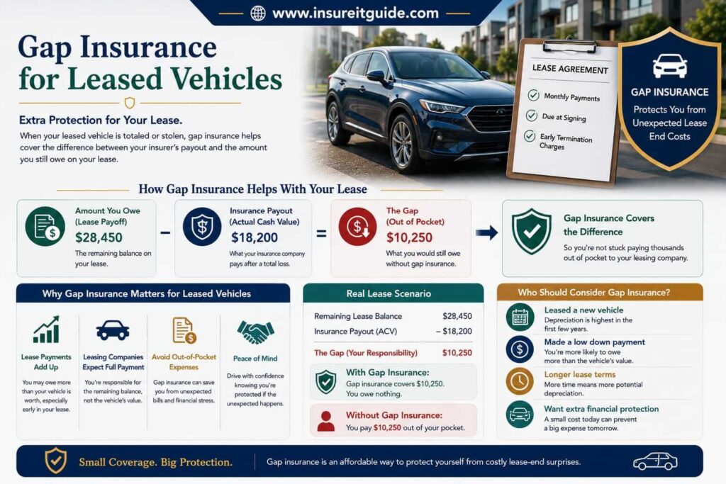 Leased vehicle protection infographic explaining how gap insurance helps cover remaining lease obligations after total loss accidents.