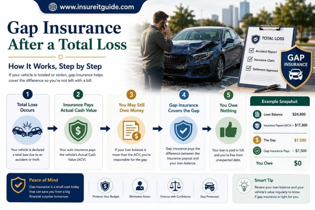 Total loss insurance settlement infographic showing lender payoff amounts and remaining financed balances covered by gap insurance.