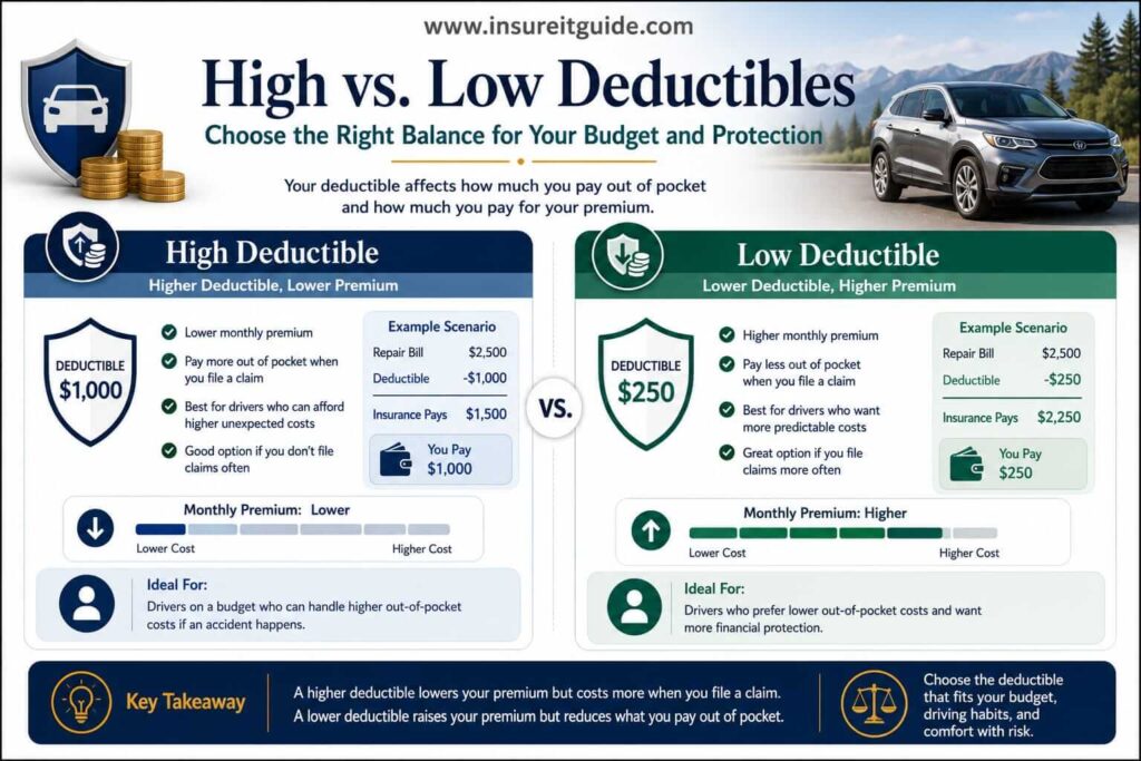 Side-by-side infographic comparing high and low insurance deductibles, including premium savings, financial risk, and out-of-pocket claim costs.