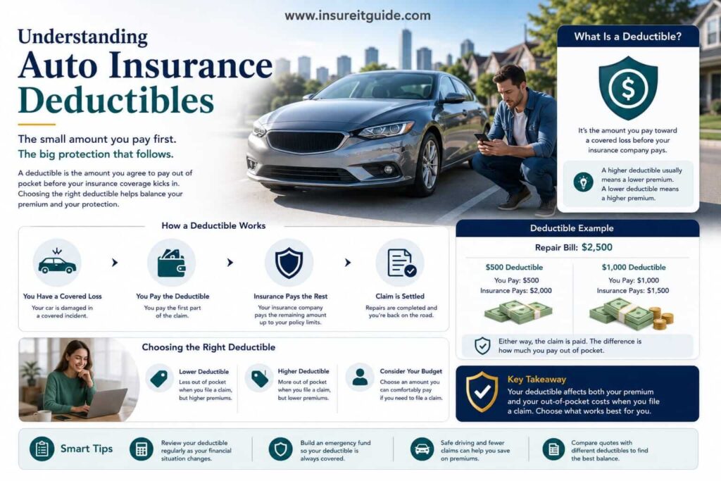 Insurance deductible infographic showing claim payouts, driver cost responsibility, repair expenses, and deductible comparisons.