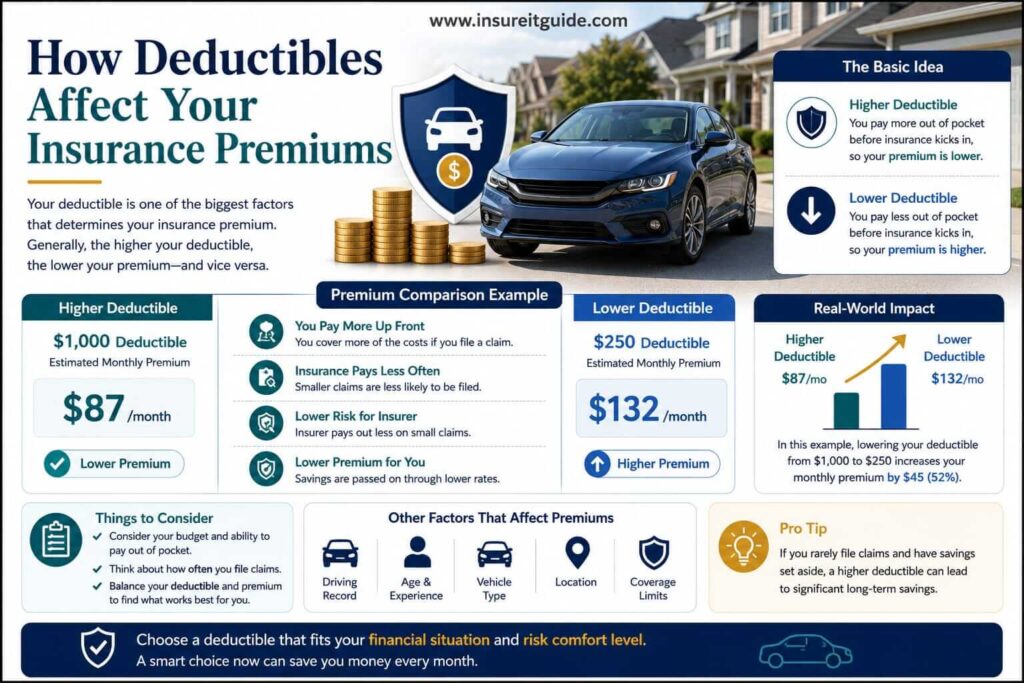 Professional infographic explaining how different deductible amounts can increase or reduce monthly auto insurance premiums for drivers.