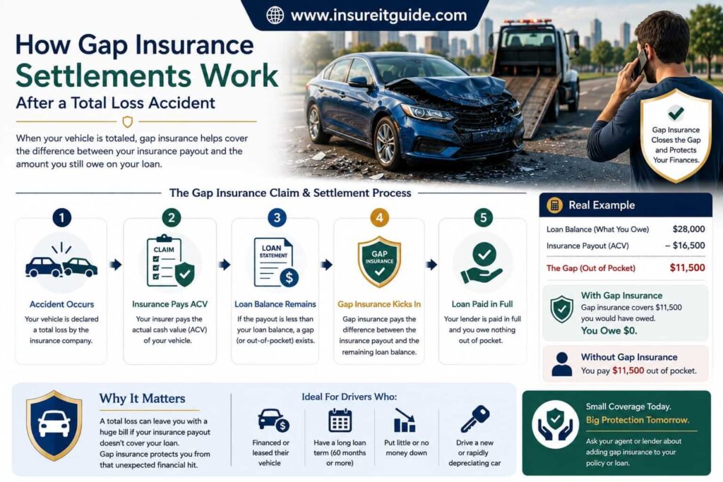 Step-by-step visual showing gap insurance paying the remaining auto loan balance after a total loss insurance settlement.