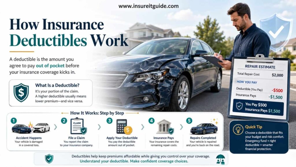 Step-by-step infographic showing how insurance deductibles are subtracted from claim payouts after vehicle accidents and covered insurance losses.
