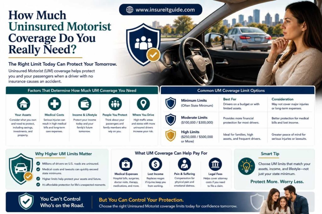 Driver comparing uninsured motorist policy limits beside accident cost estimates and long-term financial risk charts.