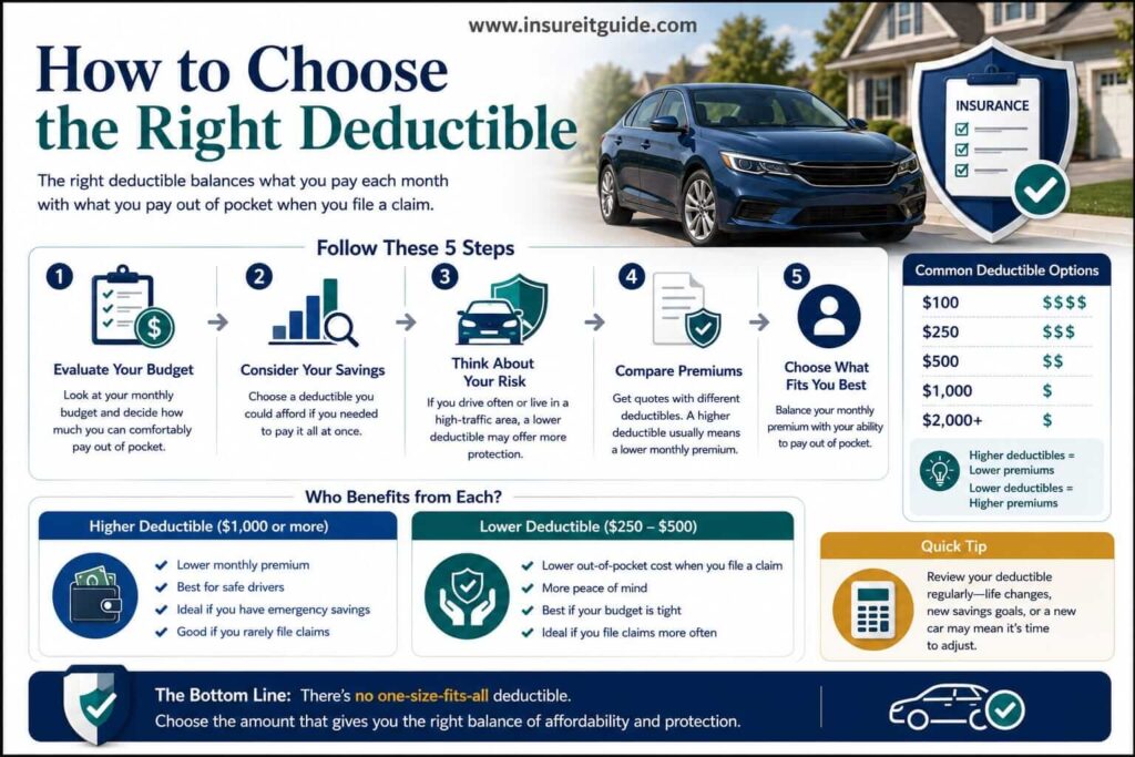 Educational infographic helping drivers choose the right insurance deductible based on budget, financial risk, emergency savings, and premium affordability.