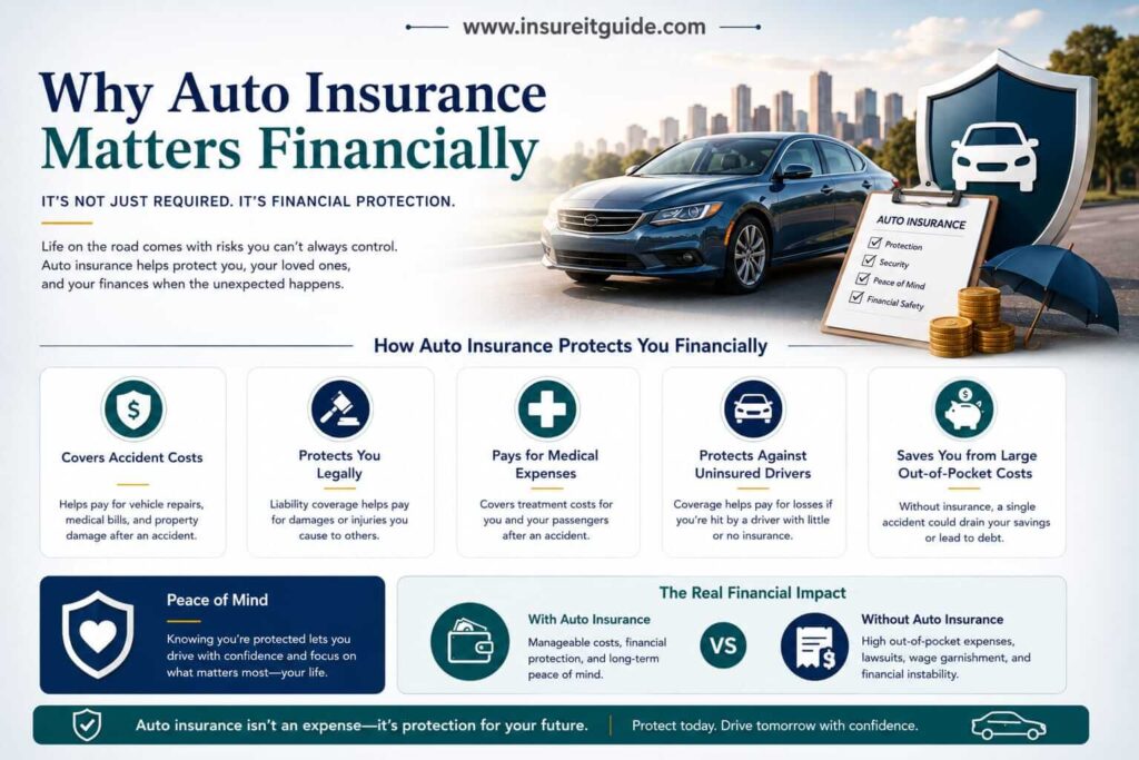 Editorial infographic explaining why auto insurance matters for financial protection, legal liability, accident costs, vehicle repairs, and medical expenses.