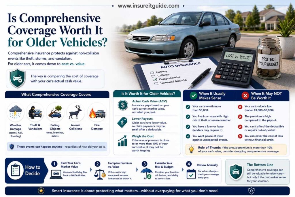 Professional infographic evaluating whether comprehensive auto insurance coverage is worth the cost for theft, weather damage, vandalism, and natural disasters.