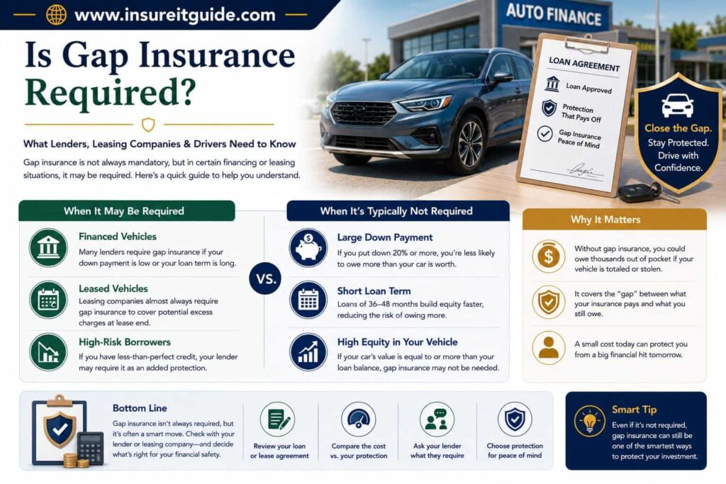 Auto financing infographic explaining when lenders or leasing companies may require gap insurance protection.