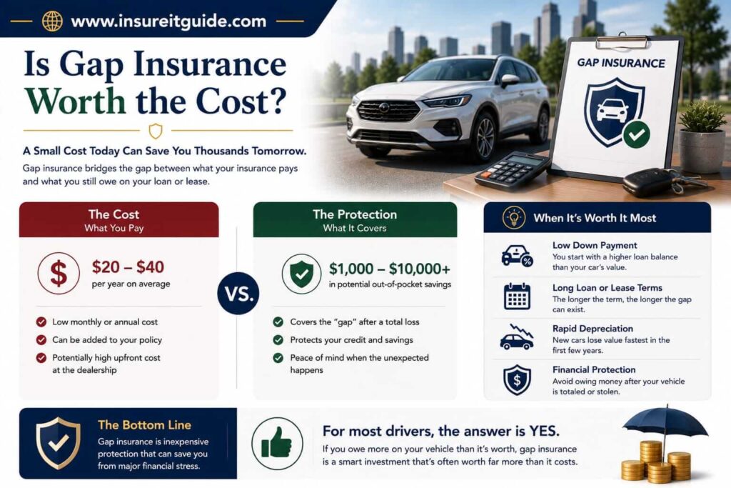 Gap insurance value comparison showing the difference between low coverage costs and large potential unpaid auto loan balances after total loss accidents.