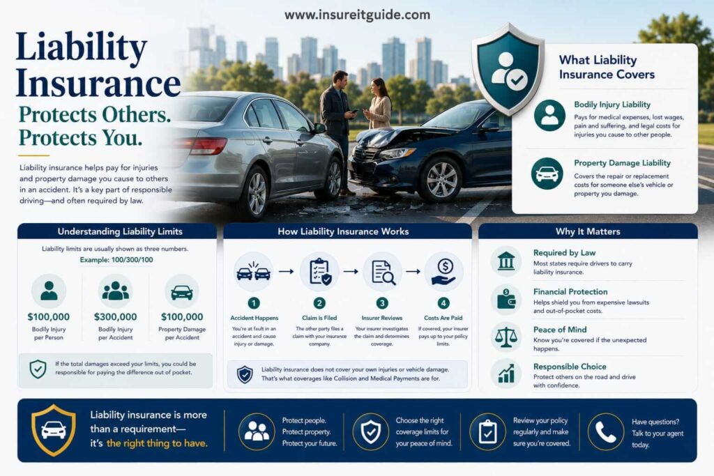 Liability insurance infographic showing bodily injury protection, property damage coverage, legal expenses, and accident-related financial responsibility.