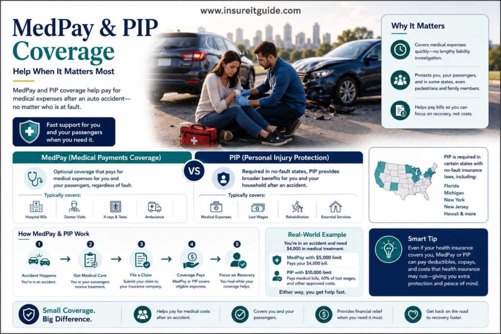 Medical Payments and PIP insurance infographic showing hospital expenses, injury recovery costs, lost wages, and accident-related medical coverage.