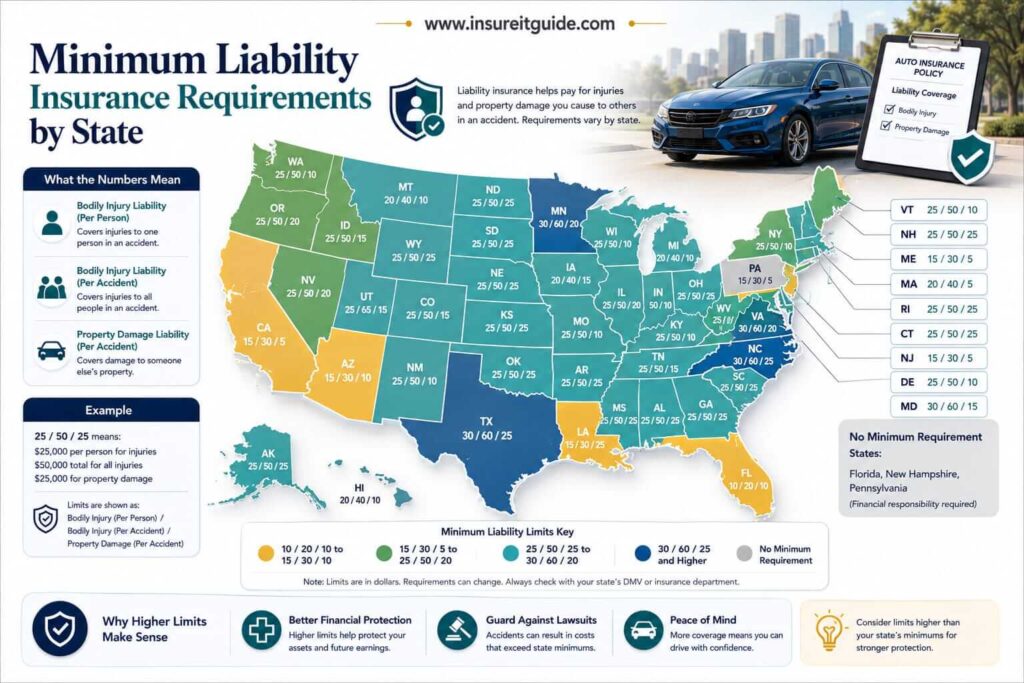 Map infographic showing minimum liability insurance requirements by state