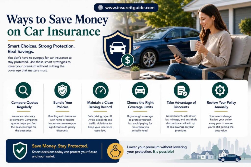 Family reviewing insurance discounts, deductible options, and bundled policies while maintaining uninsured motorist protection.
