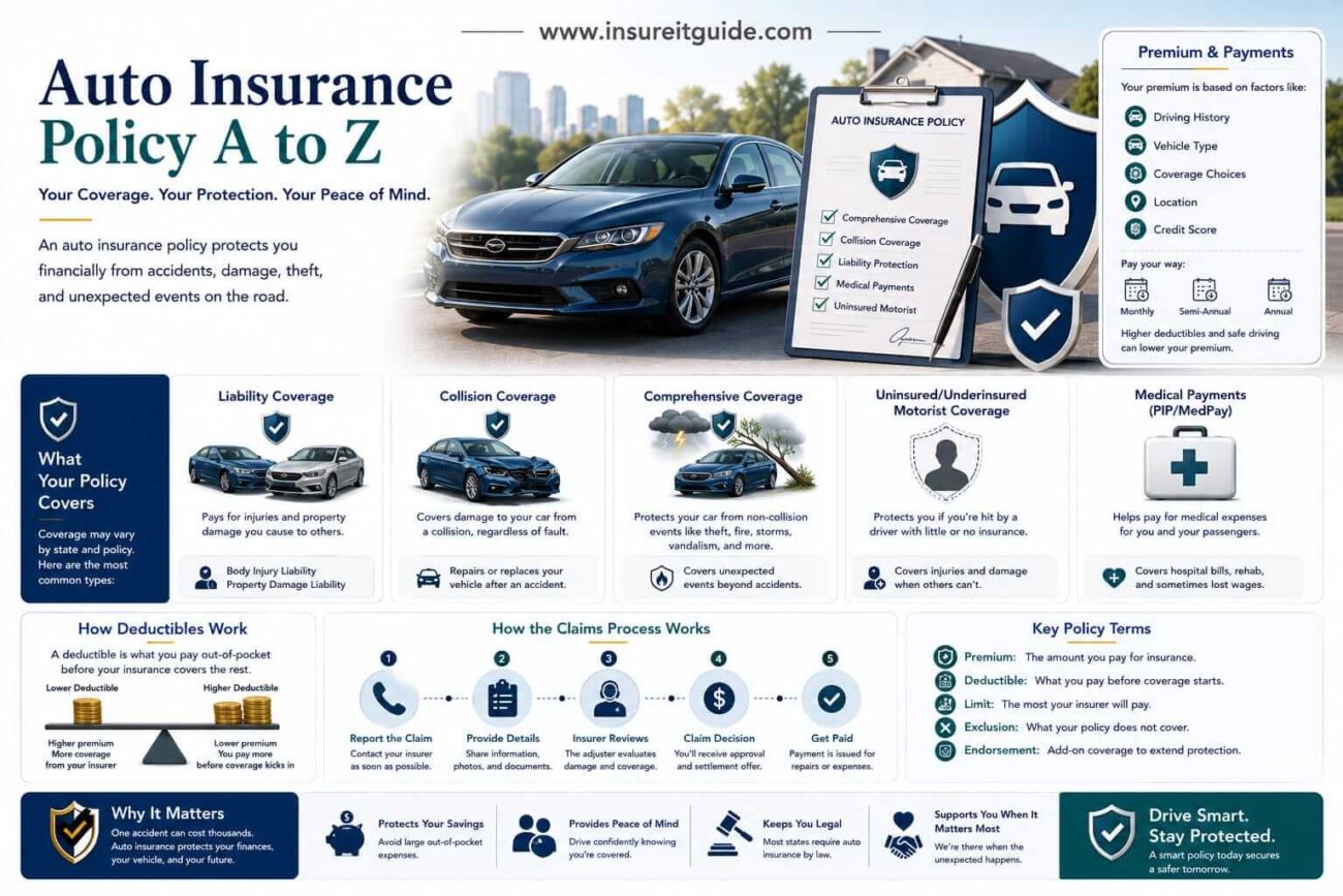 Professional infographic showing a driver reviewing an auto insurance policy with liability coverage, collision protection, deductibles, insurance terms, and financial protection visuals after an accident.