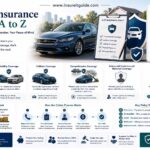 Professional infographic showing a driver reviewing an auto insurance policy with liability coverage, collision protection, deductibles, insurance terms, and financial protection visuals after an accident.