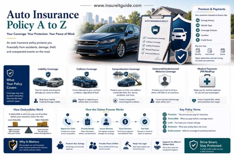 Professional infographic showing a driver reviewing an auto insurance policy with liability coverage, collision protection, deductibles, insurance terms, and financial protection visuals after an accident.