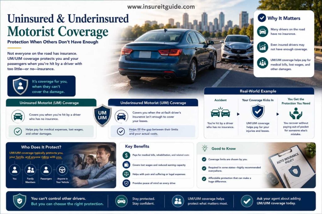 Uninsured motorist coverage infographic showing accident protection, medical expenses, hit-and-run claims, and driver financial protection scenarios.