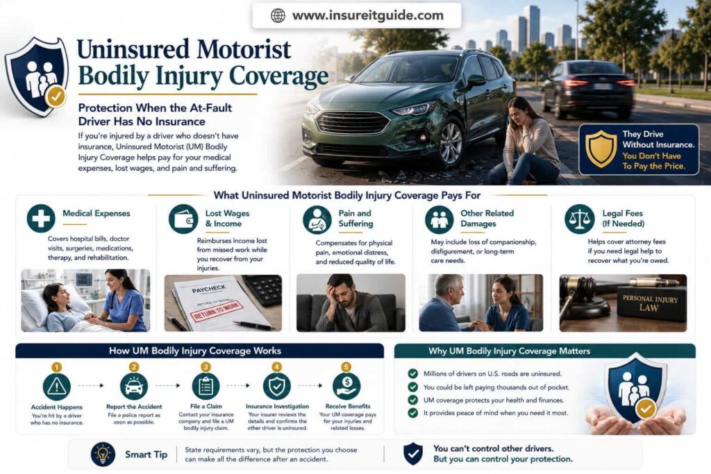 Injured passenger receiving hospital treatment while uninsured motorist bodily injury insurance paperwork is reviewed nearby.