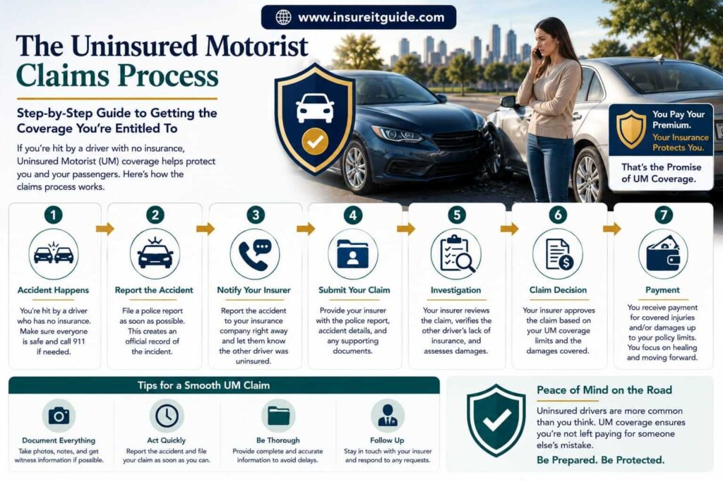 Insurance claim timeline showing accident reporting, adjuster reviews, medical documentation, and settlement payments after uninsured crashes.