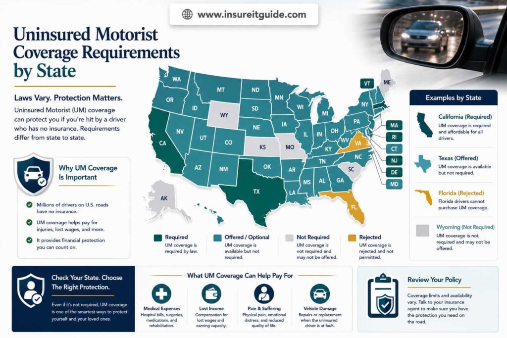 United States insurance map highlighting states where uninsured motorist coverage is required or optional.