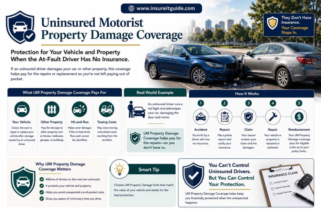 Crashed silver sedan inside a repair garage beside insurance estimates for uninsured property damage claims.