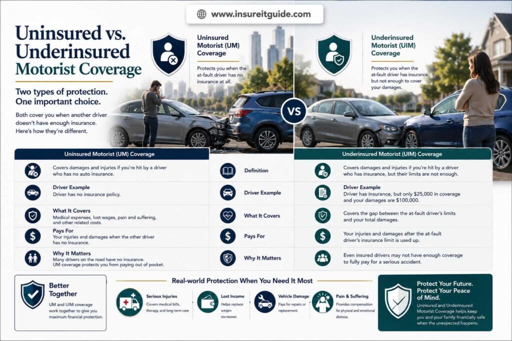 Split-screen accident comparison showing an uninsured driver claim beside an underinsured driver payout shortage.