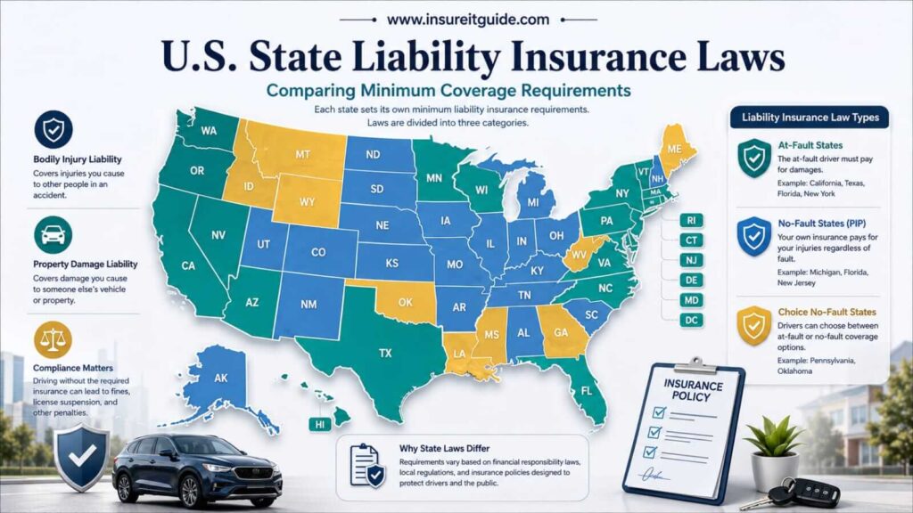 Map showing liability insurance laws across the United States