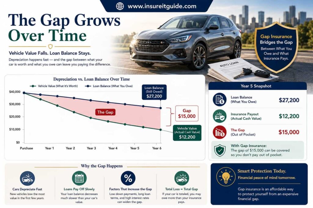 Vehicle depreciation timeline comparing declining car market value with remaining financed auto loan balance over time.