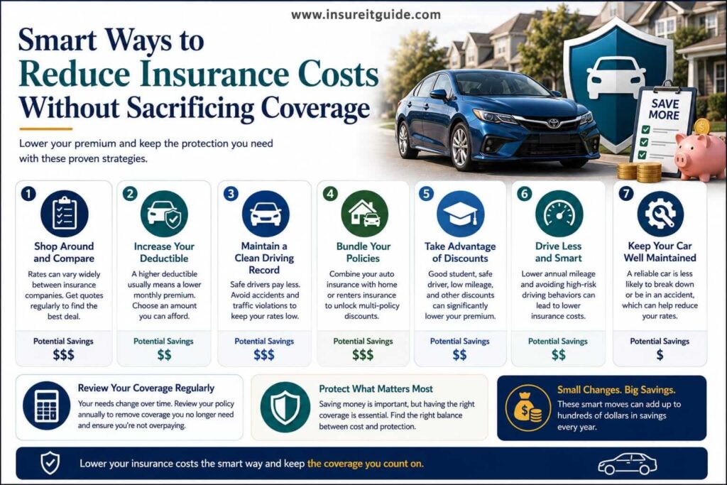 Money-saving infographic showing practical ways drivers can reduce auto insurance costs using deductible strategies, safe driving discounts, and smarter coverage choices.