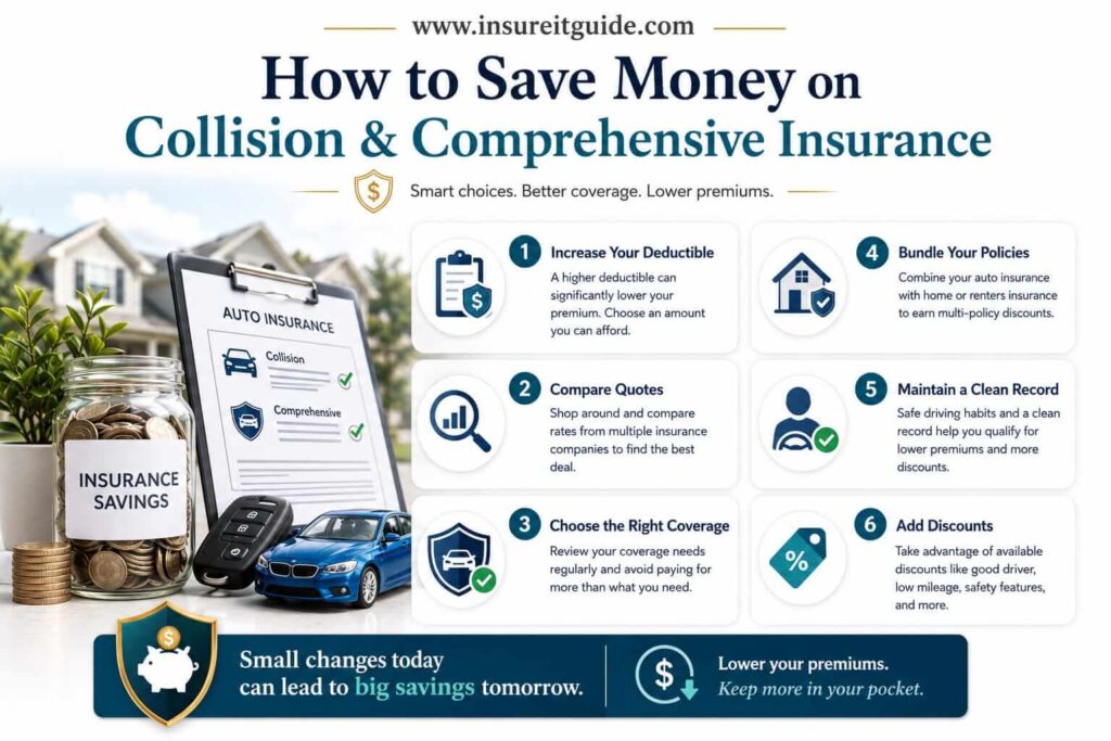 Professional infographic explaining practical ways to save money on full coverage auto insurance using discounts, safe driving rewards, and deductible adjustments.