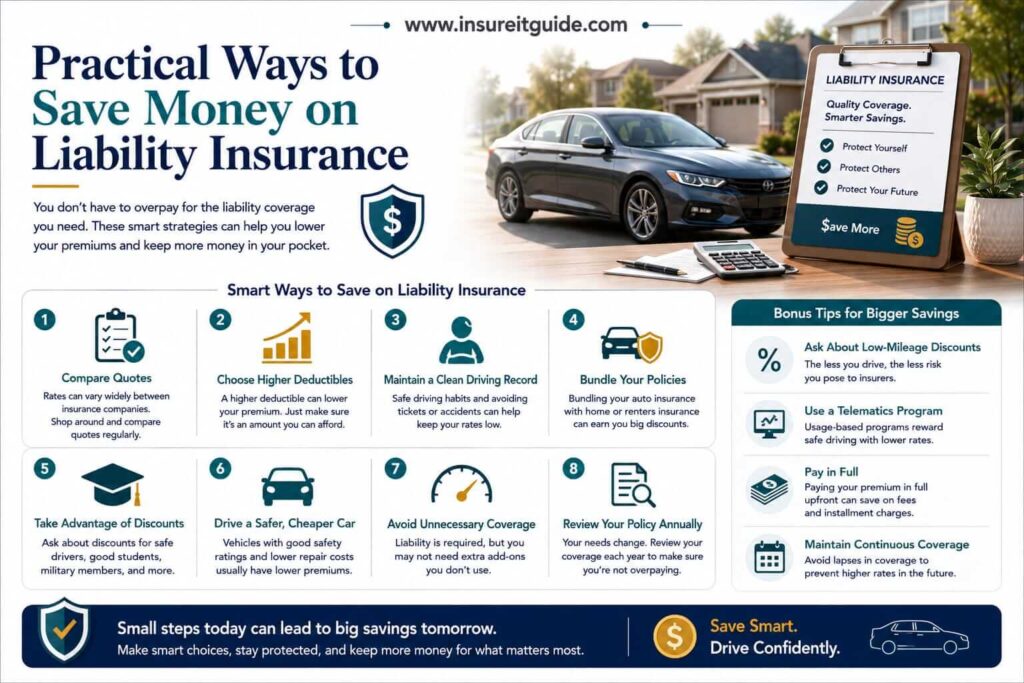 Infographic explaining ways to save money on liability insurance