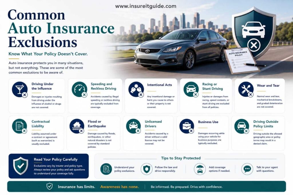 An infographic explaining common auto insurance exclusions, including mechanical failure, intentional damage, and racing incidents.