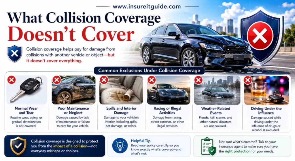 Insurance infographic explaining collision coverage exclusions such as theft, flooding, weather damage, mechanical breakdowns, and normal vehicle wear and tear.