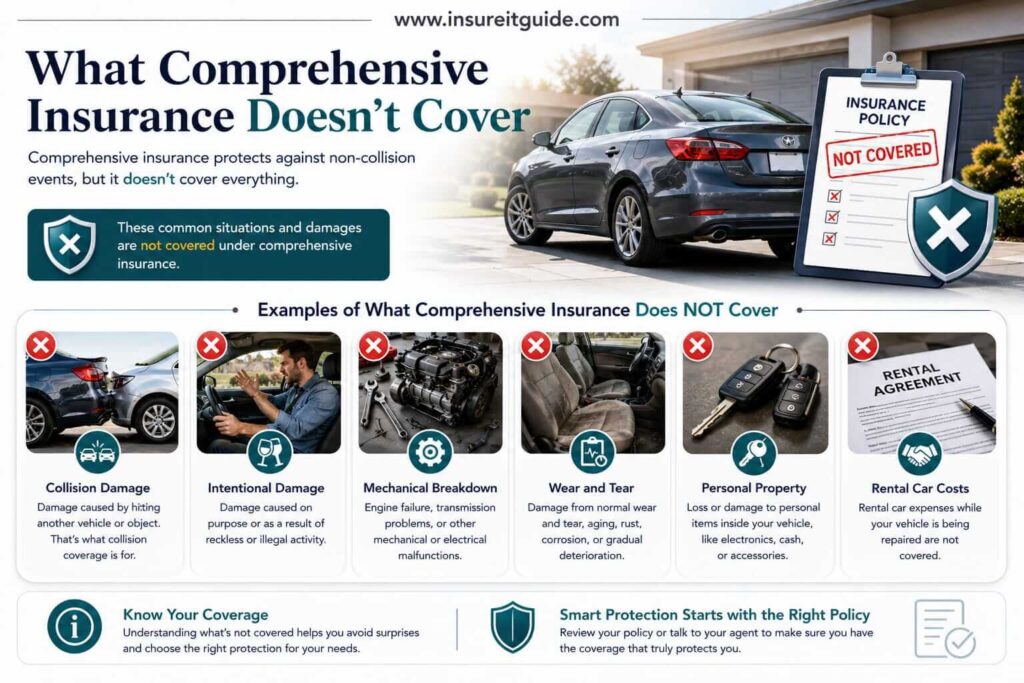 Educational infographic showing what comprehensive insurance does not cover, including collision accidents, intentional damage, and mechanical failures.