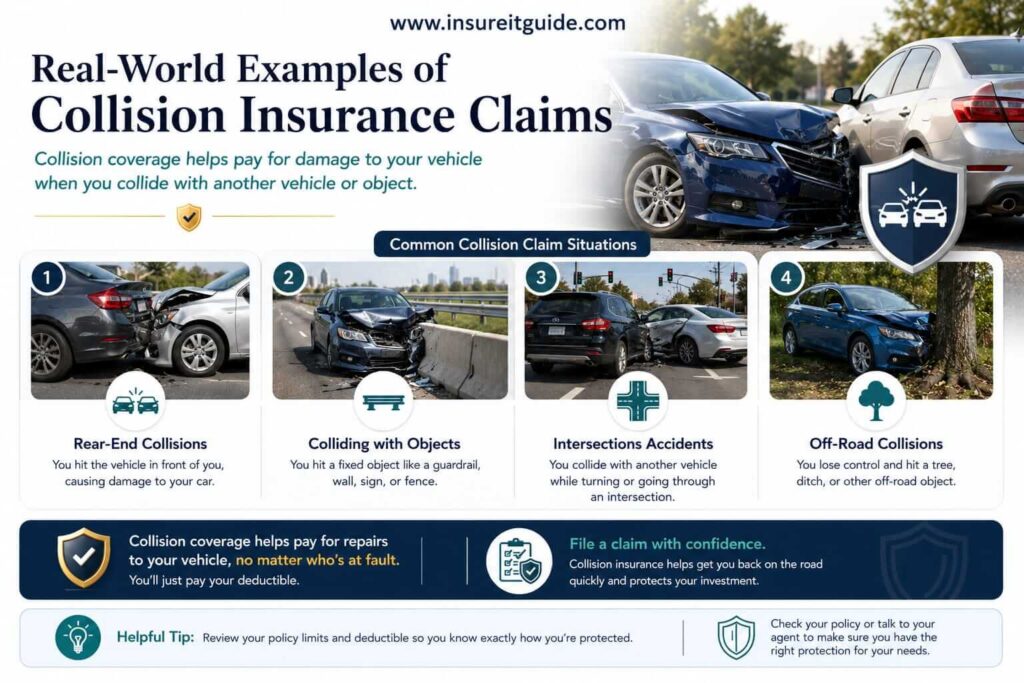 Auto insurance infographic explaining what collision coverage protects, including crash damage, vehicle repairs, accidents with cars, guardrails, and stationary objects.